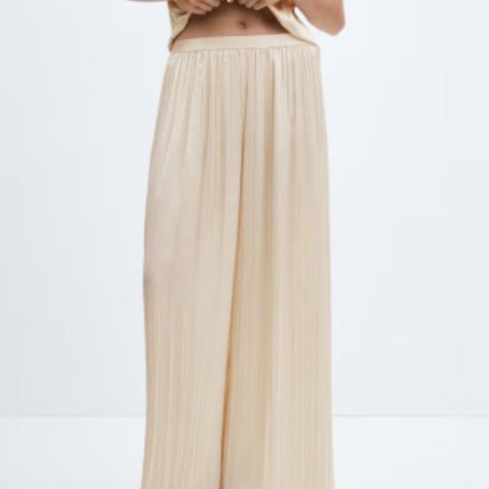 Mango Cream Pleated Wide-Leg Pants
